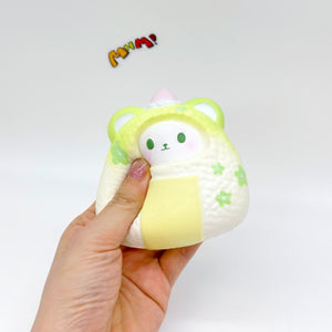 Handheld Bear Onigiri Squishy with Cute Face & Flavor Details - kawaii squishy toy close up
