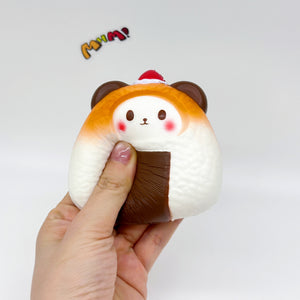 Handheld Bear Onigiri Squishy with Cute Face & Flavor Details - slow rising squeeze toy side angle view
