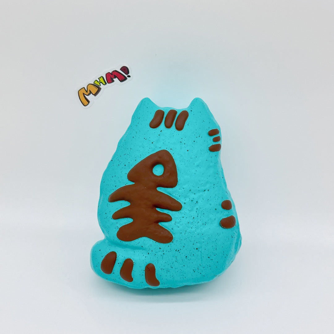 Cute Cat with Fishbone Print Stress Relief Squishy, Green/Brown - soft slow rise fidget toy front view
