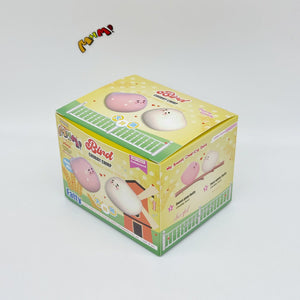 Chubby Chirp Bird squishy toy product packaging box, pink and white bird designs on yellow box