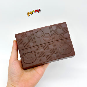 Handheld Chocolate Bar Squishy with Cute Bear & Character Emboss - slow rising squeeze toy side angle view