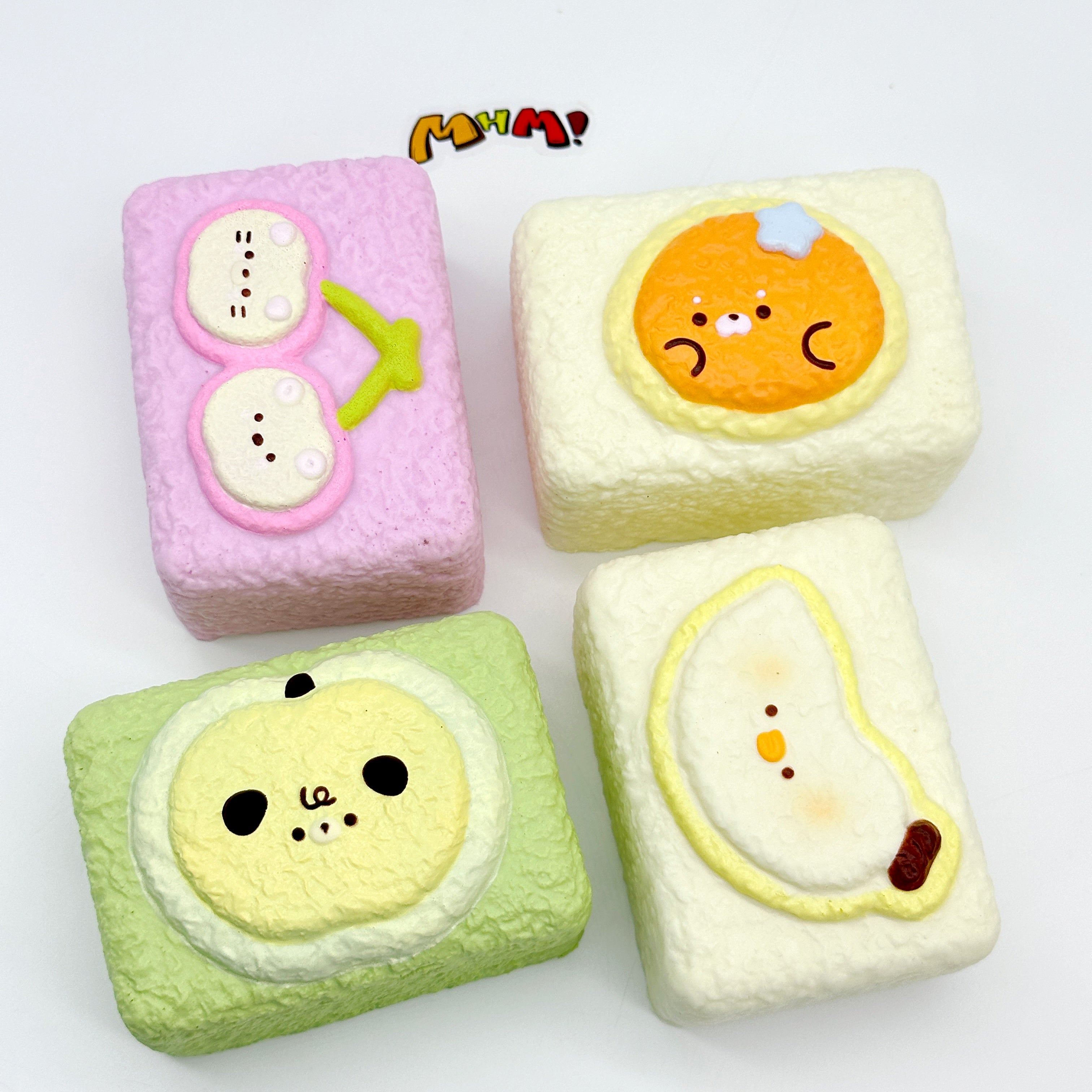 🍒🍊🍏🍌 Animal Face Toast Squishy - 4 Styles Cherry/Orange/Green Apple/Banana Slow Rising Squeeze Toy | Cute Food Stress Relief Toy
