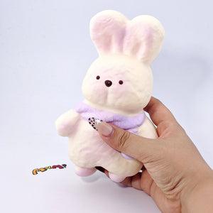 Purple Scarf Bunny Squishy | Cute Animal Themed Slow Rising Stres - slow rising squeeze toy side angle view