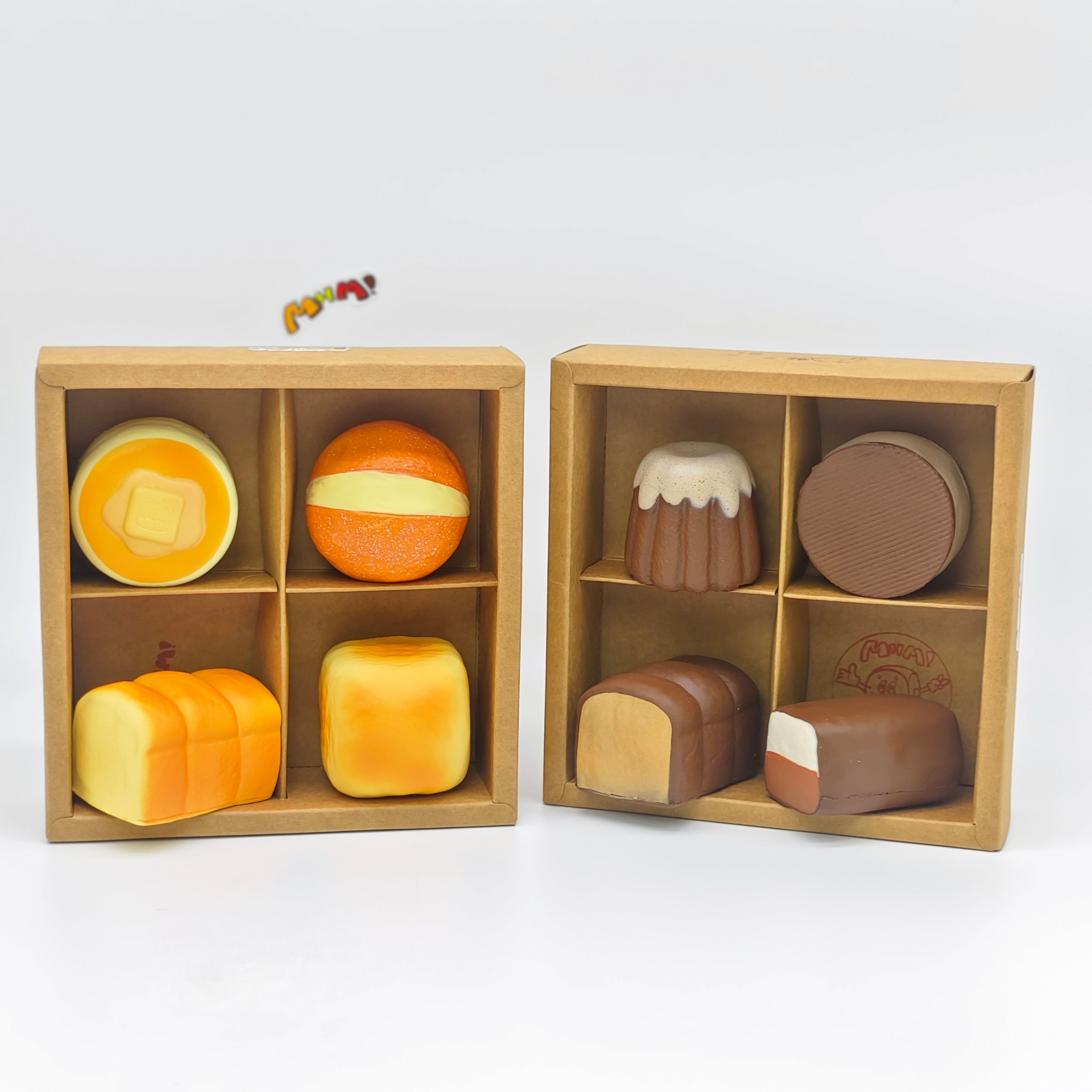 🍫🍞 2-Set 4-grid Mini Bread Squishy Combo | Chocolate & Original Bakery Themed Slow Rising Stress Relief Toy