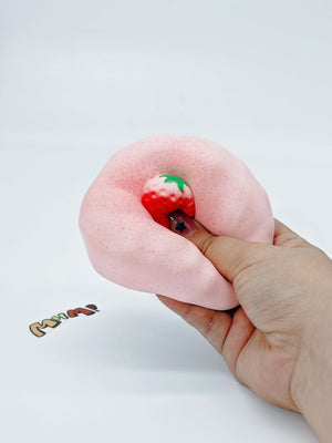 Pink Strawberry Souffl Squishy | Dessert Themed Slow Rising Stres - slow rising squeeze toy side angle view