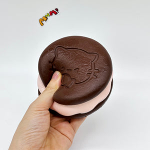 Kawaii Chocolate Cookie Squishy with Kitty Emboss: Ultra Soft & S - squishy toy size reference with hand