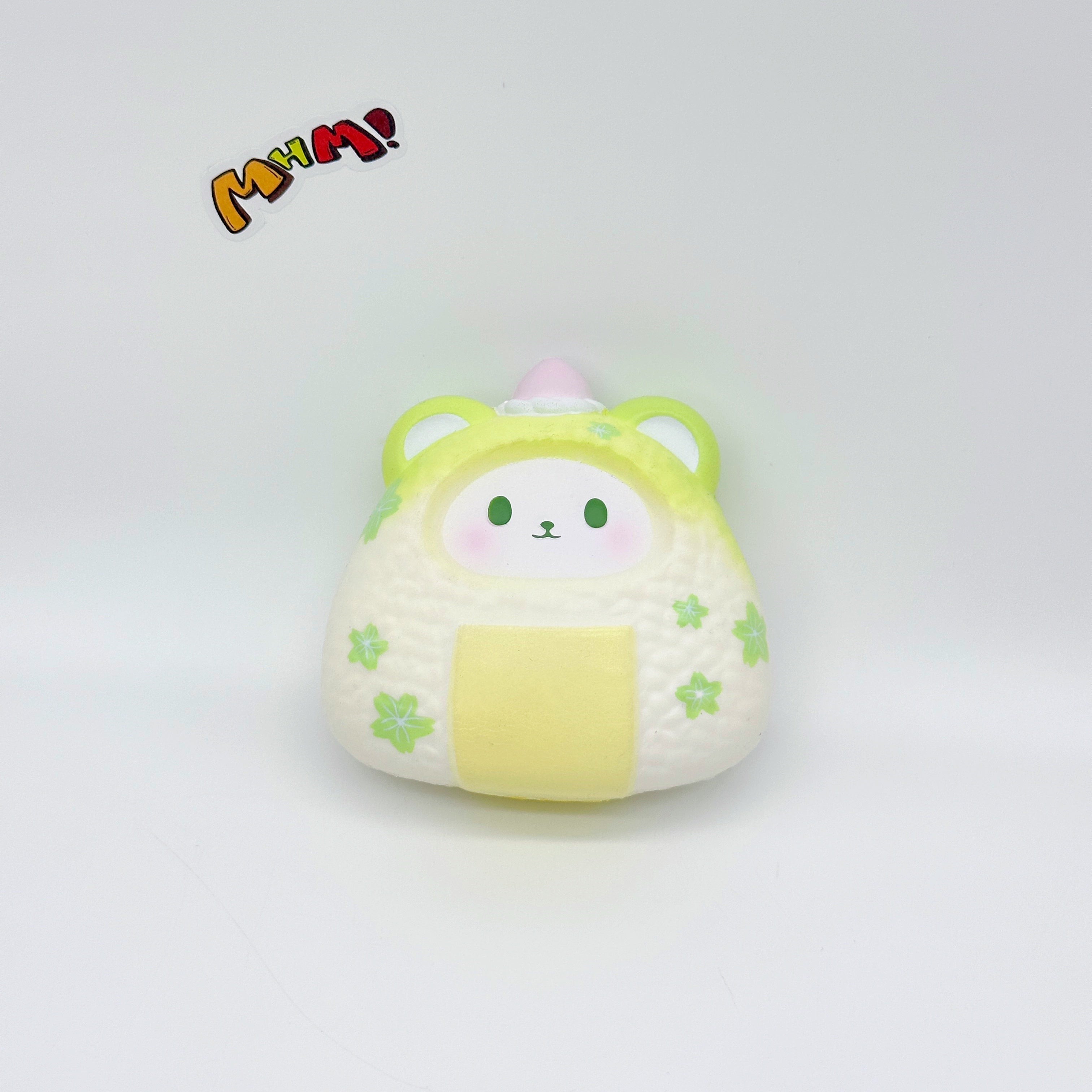 Handheld Bear Onigiri Squishy with Cute Face & Flavor Details - squishy stress relief toy detail shot