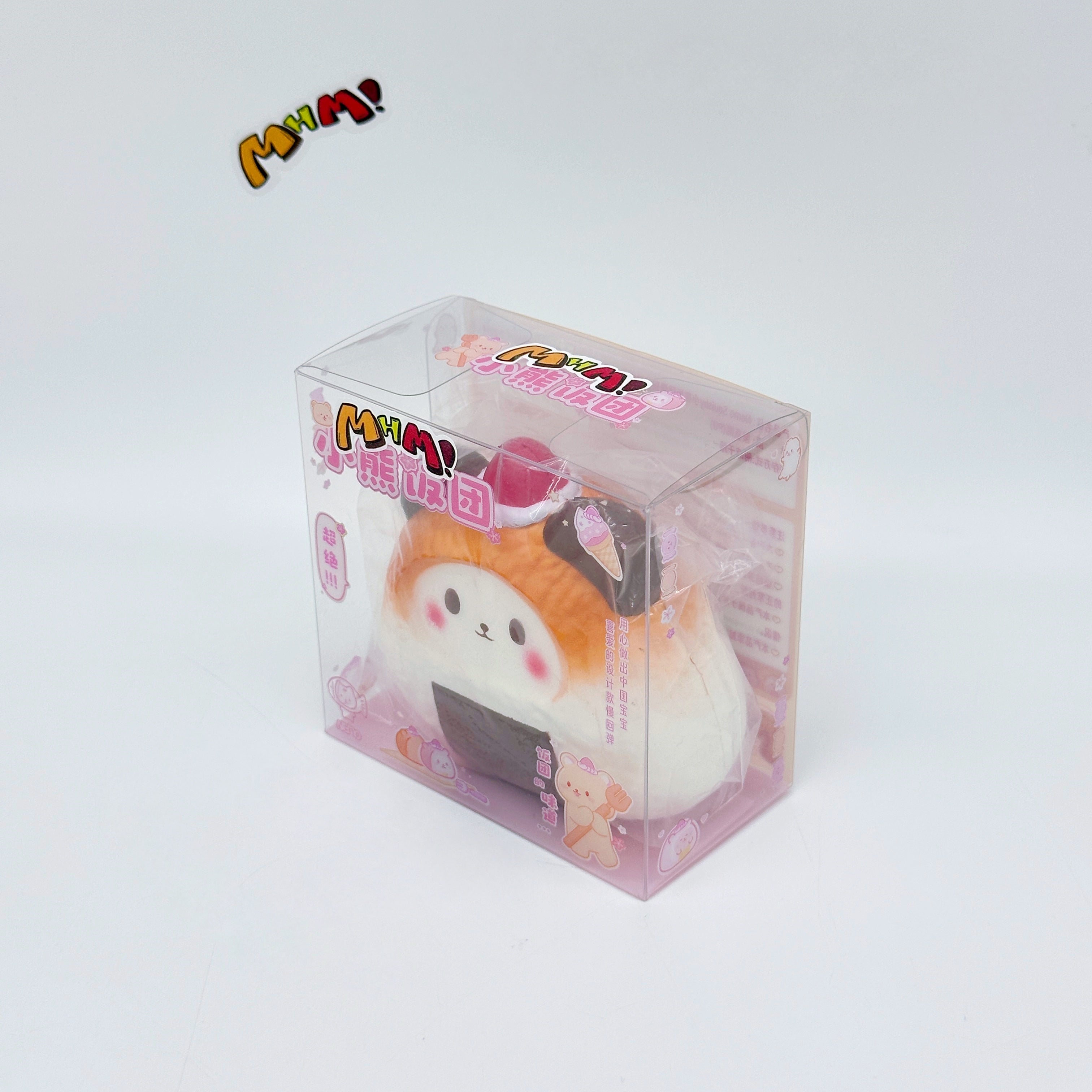 Handheld Bear Onigiri Squishy with Cute Face & Flavor Details - cute squishy toy packaging display