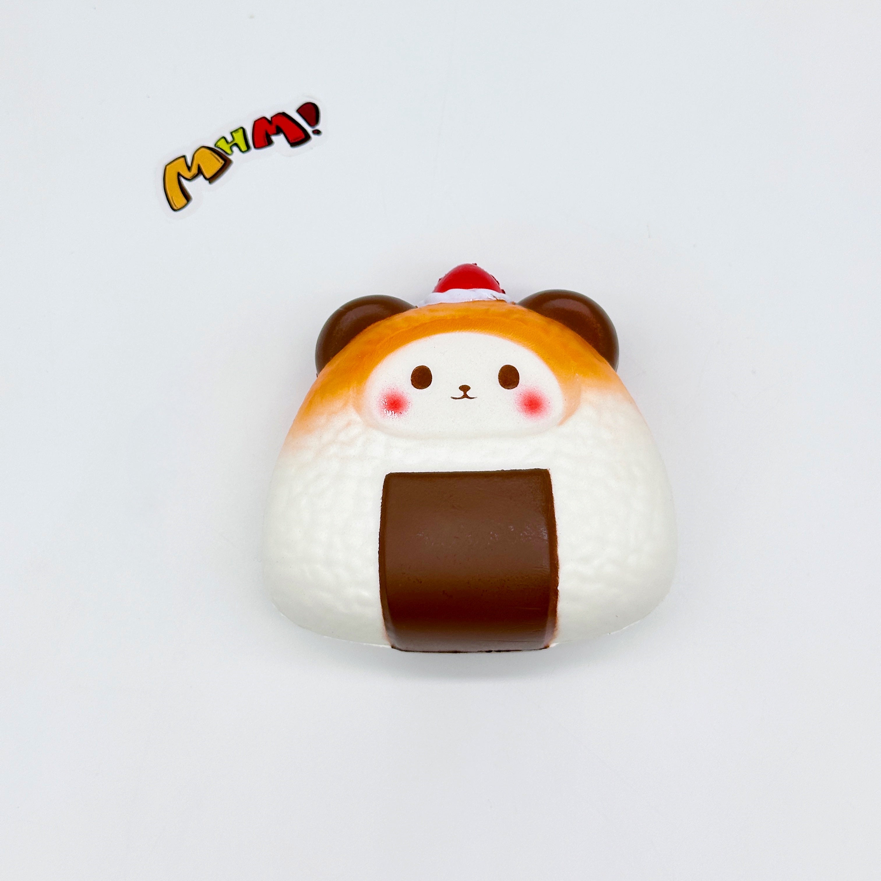 Handheld Bear Onigiri Squishy with Cute Face & Flavor Details - soft slow rise fidget toy front view