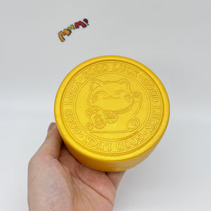 Kawaii Lucky Cat Gold Coin Squishy: Bring Home the Good Luck - slow rising squeeze toy side angle view