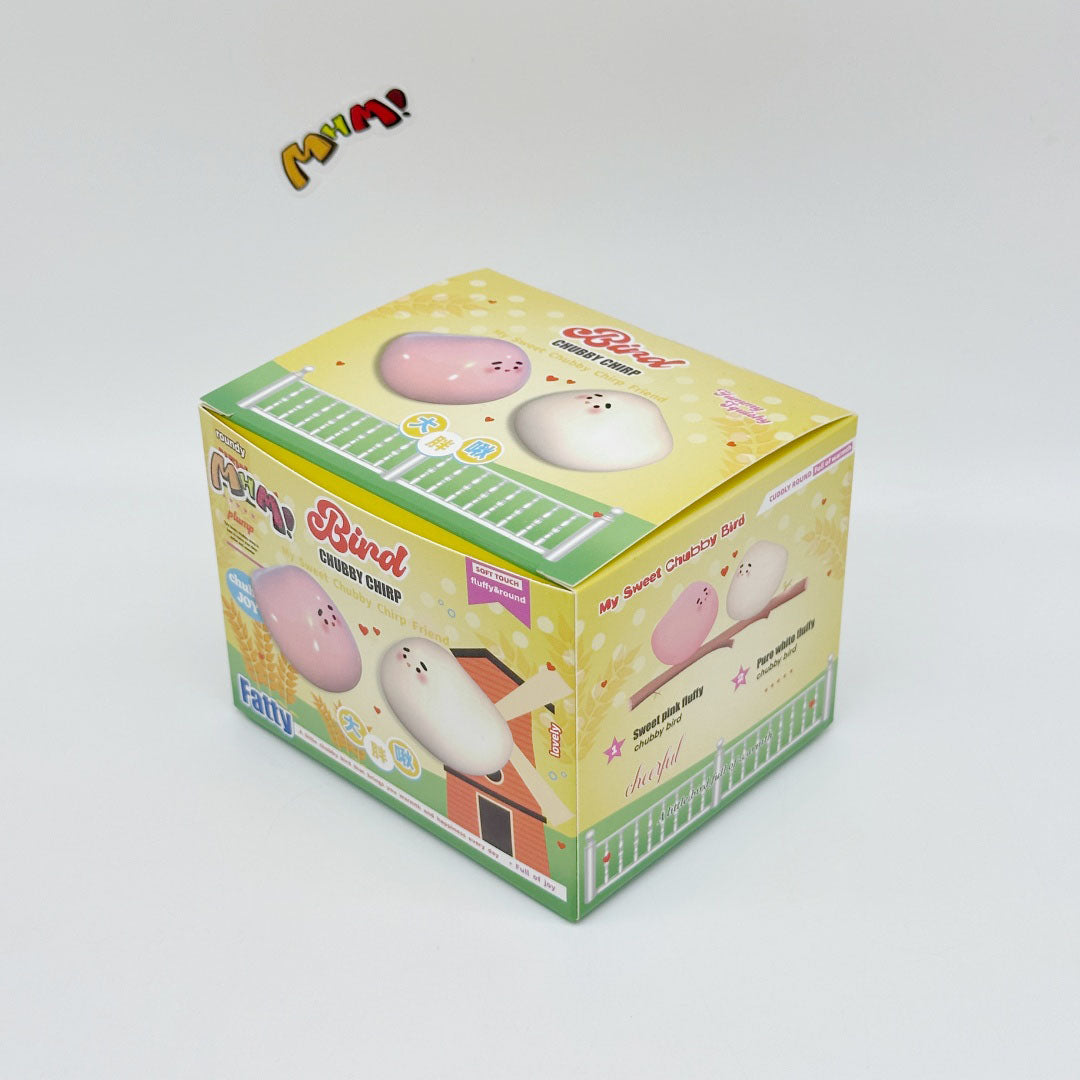 Chubby Chirp Bird squishy toy product packaging box, pink and white bird designs on yellow box