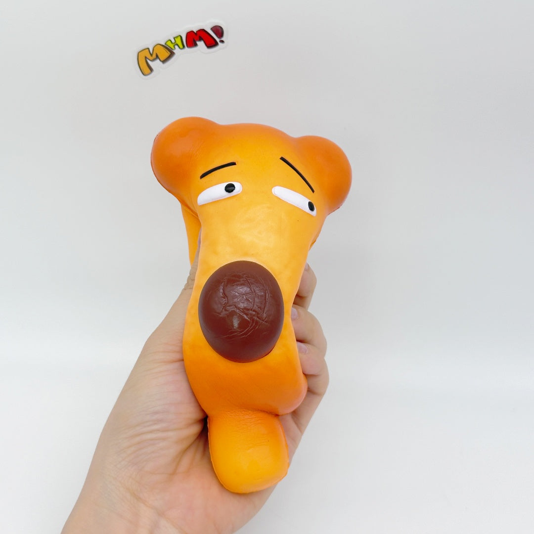 Slow Rise Cute Lazy Dog Hot Dog Squeeze Away Stress - squishy toy size reference with hand