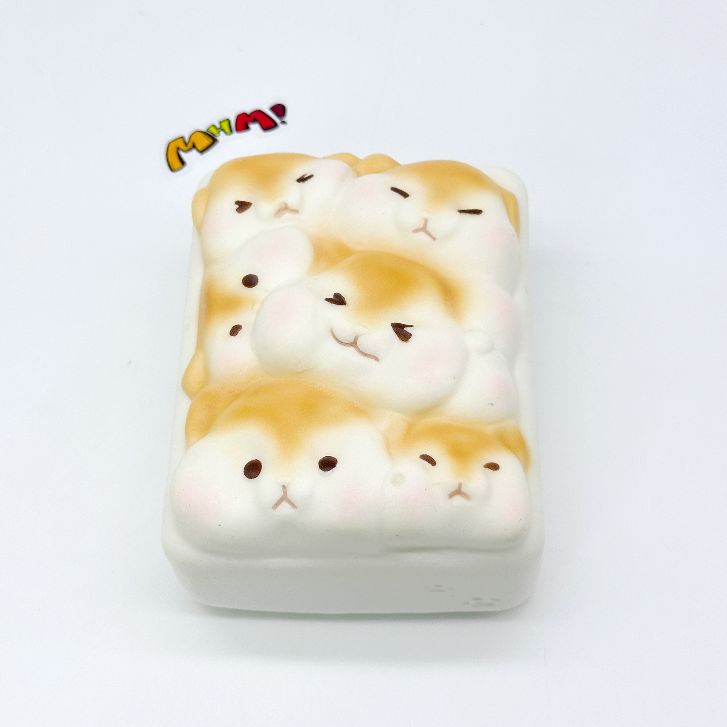Cute hamster toast slow rise squishy toy with 6 kawaii faces, white and golden brown foam
