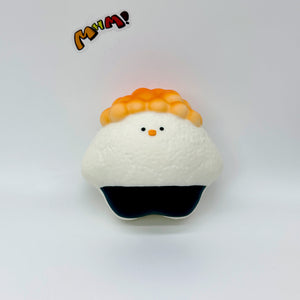 Slow recovery fish roe, salmon and chicken sushi Squishy - slow rising squeeze toy side angle view