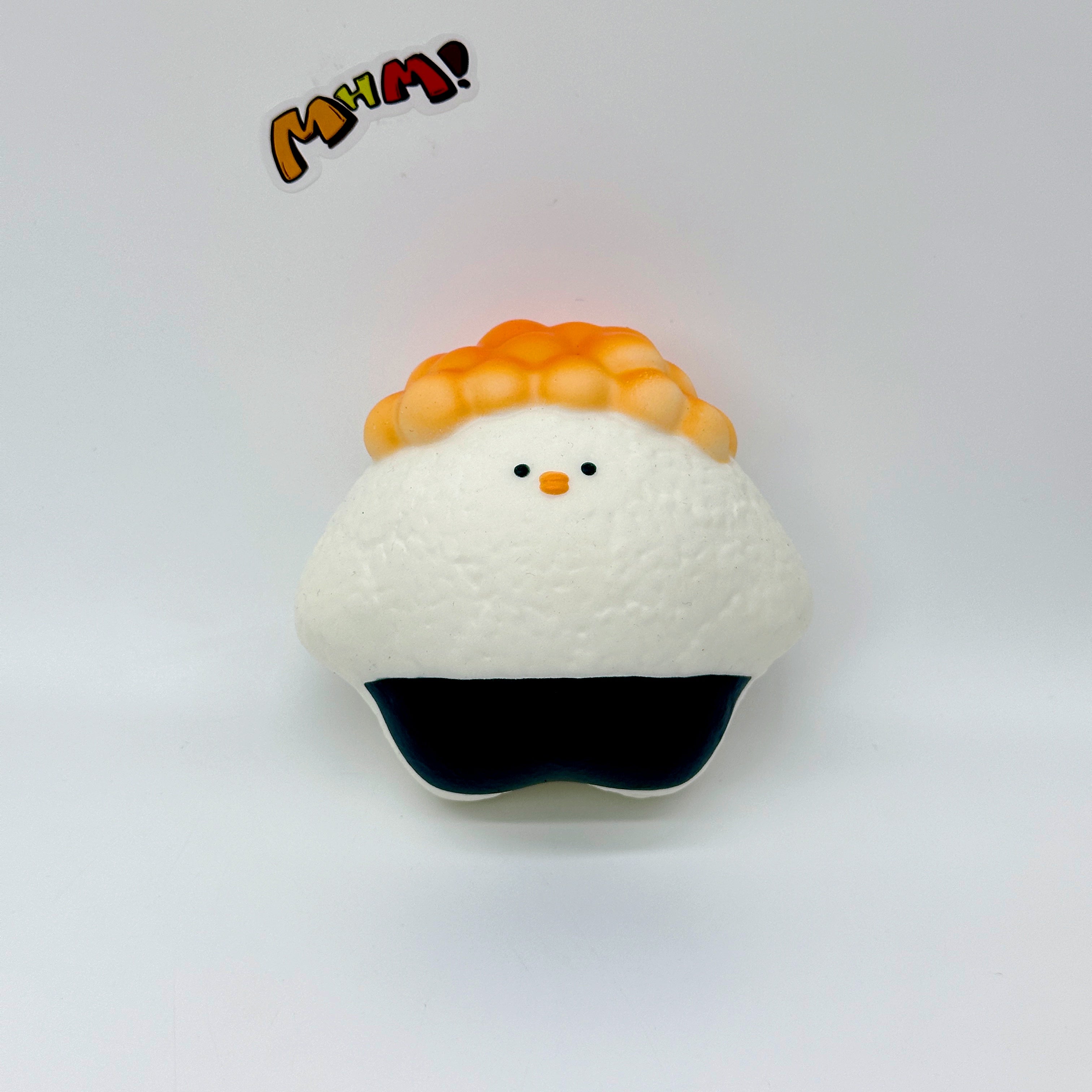 Slow recovery fish roe, salmon and chicken sushi Squishy - slow rising squeeze toy side angle view