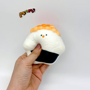 Slow recovery fish roe, salmon and chicken sushi Squishy - squishy toy size reference with hand