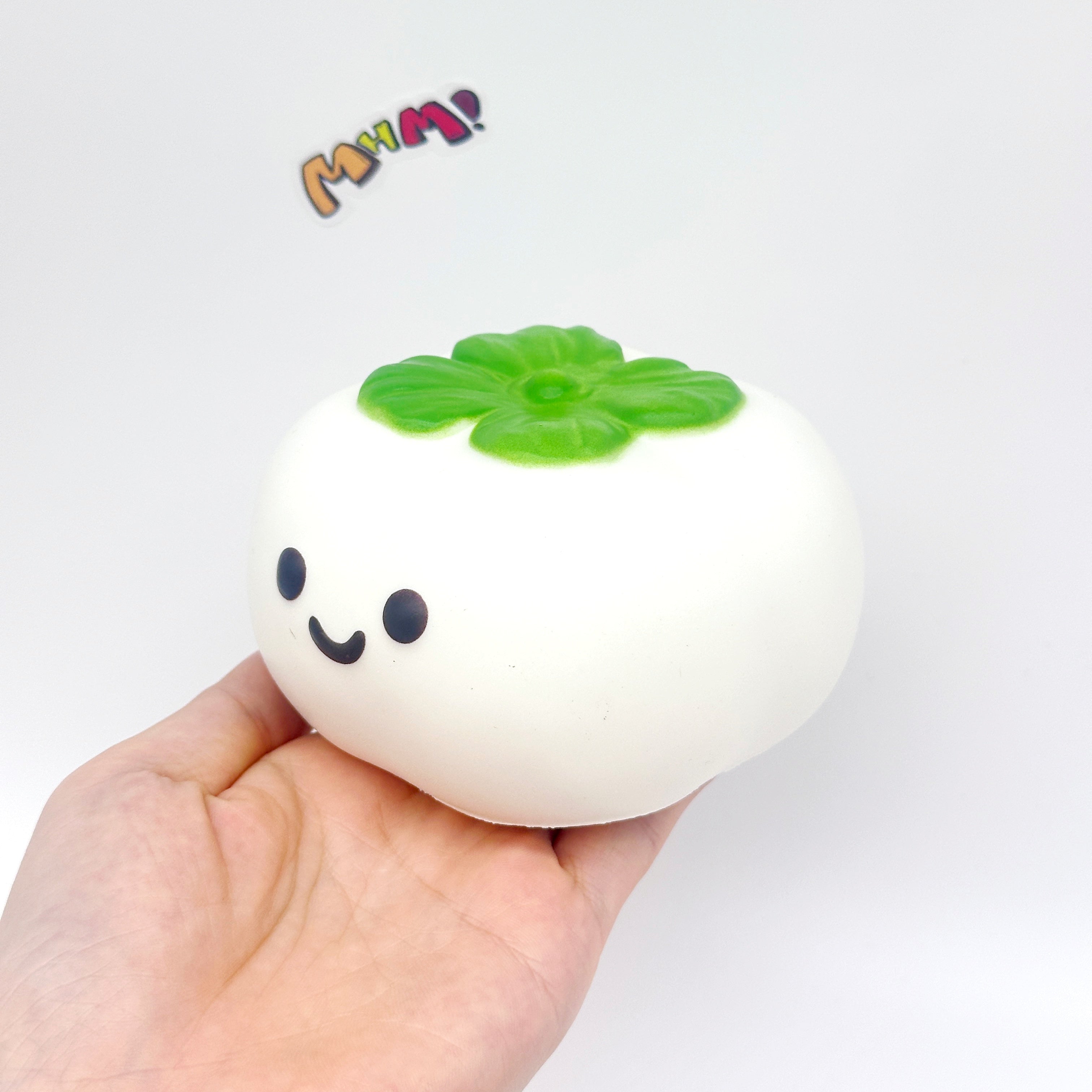 Lucky Persimmon Squishy - White & Pink Cute Persimmon Slow Rising - squishy toy size reference with hand