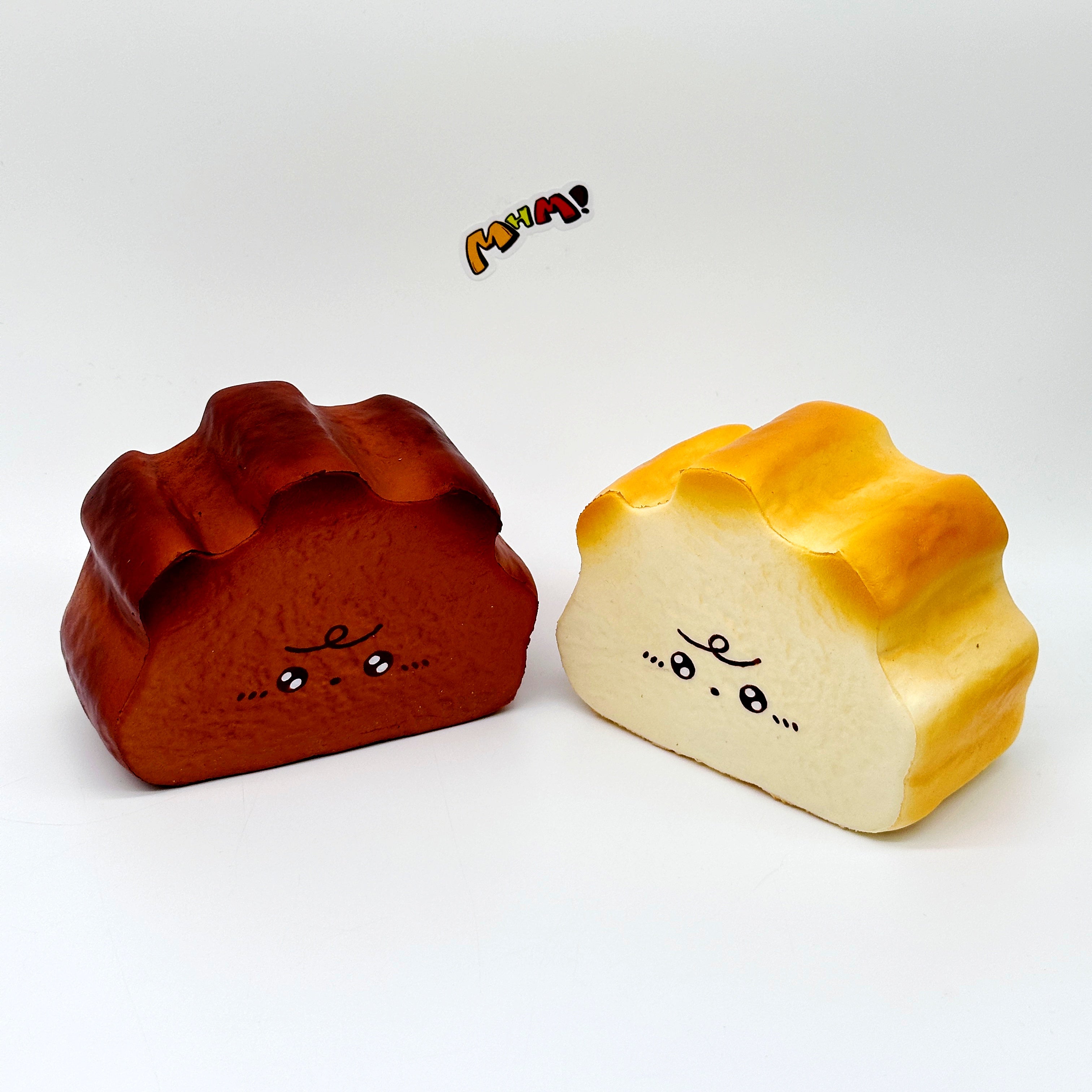 Milk Haas Bread Squishy - Chocolate Brown & Original Bread Yellow - soft slow rise fidget toy front view