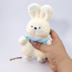 Blue Scarf Bunny Squishy | Cute Animal Themed Slow Rising Stress  - slow rising squeeze toy side angle view