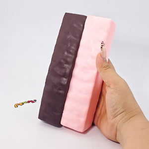 Strawberry & Raw Chocolate Wafer Biscuit Squishy 2-Pack Set | Sna - slow rising squeeze toy side angle view