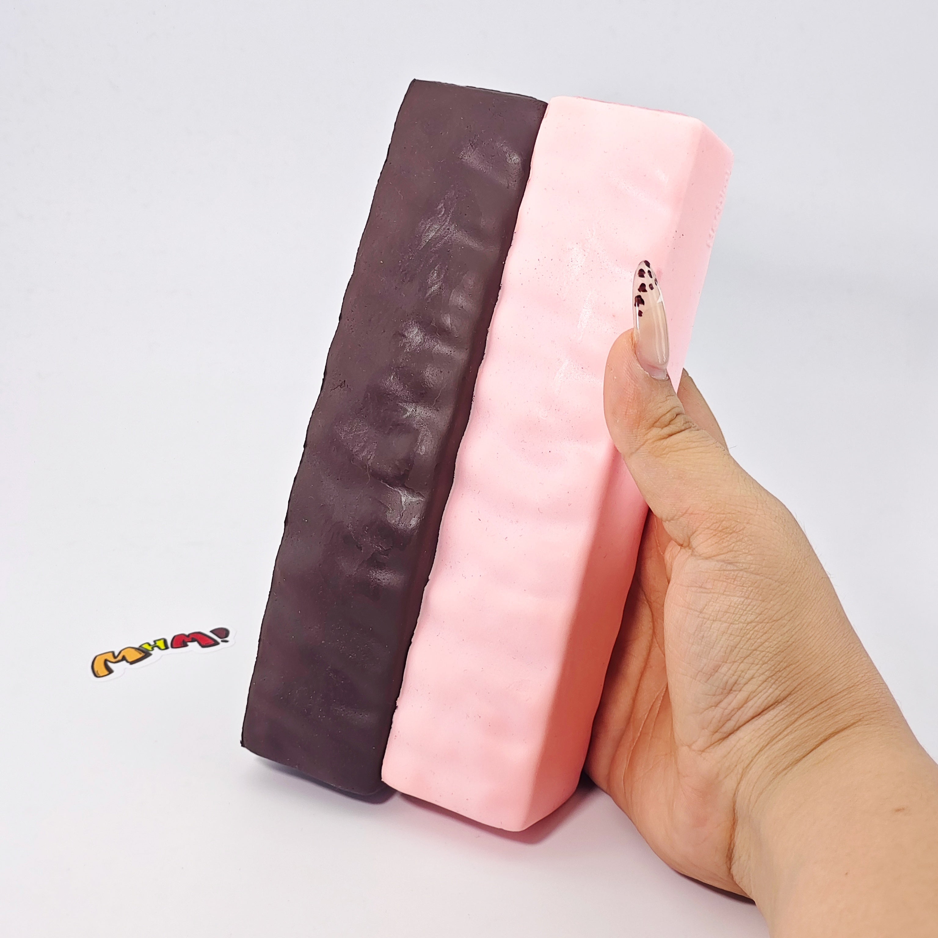 Strawberry & Raw Chocolate Wafer Biscuit Squishy 2-Pack Set | Sna - slow rising squeeze toy side angle view