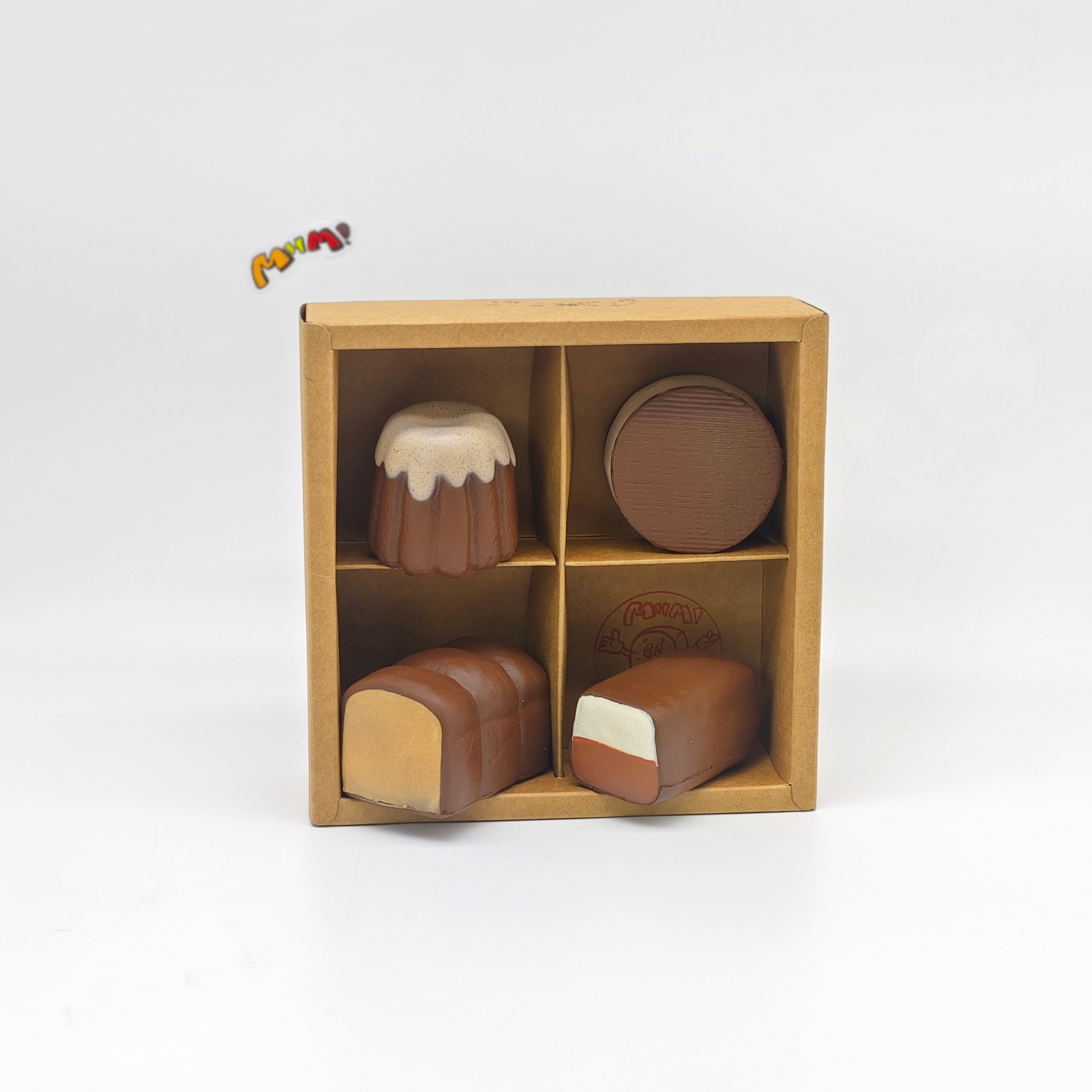 4-grid Mini Chocolate Bread Squishy Set | Bakery Themed Slow Risi - soft slow rise fidget toy front view