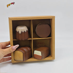 4-grid Mini Chocolate Bread Squishy Set | Bakery Themed Slow Risi - slow rising squeeze toy side angle view