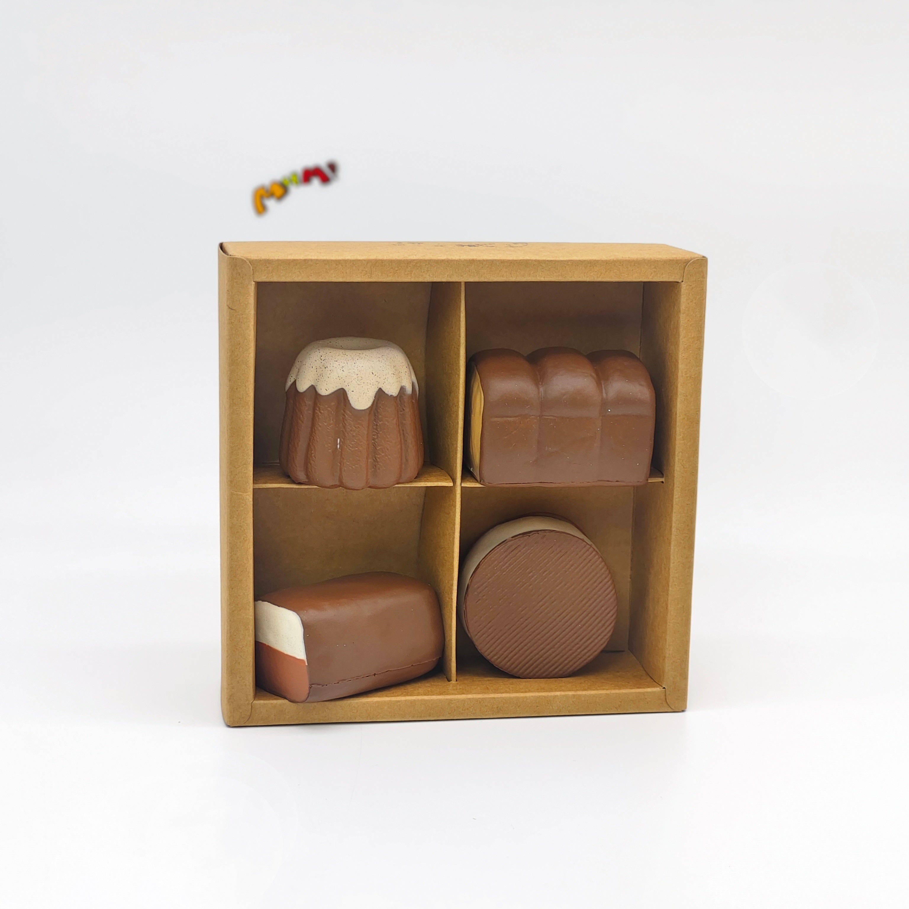 4-grid Mini Chocolate Bread Squishy Set | Bakery Themed Slow Risi - squishy stress relief toy detail shot