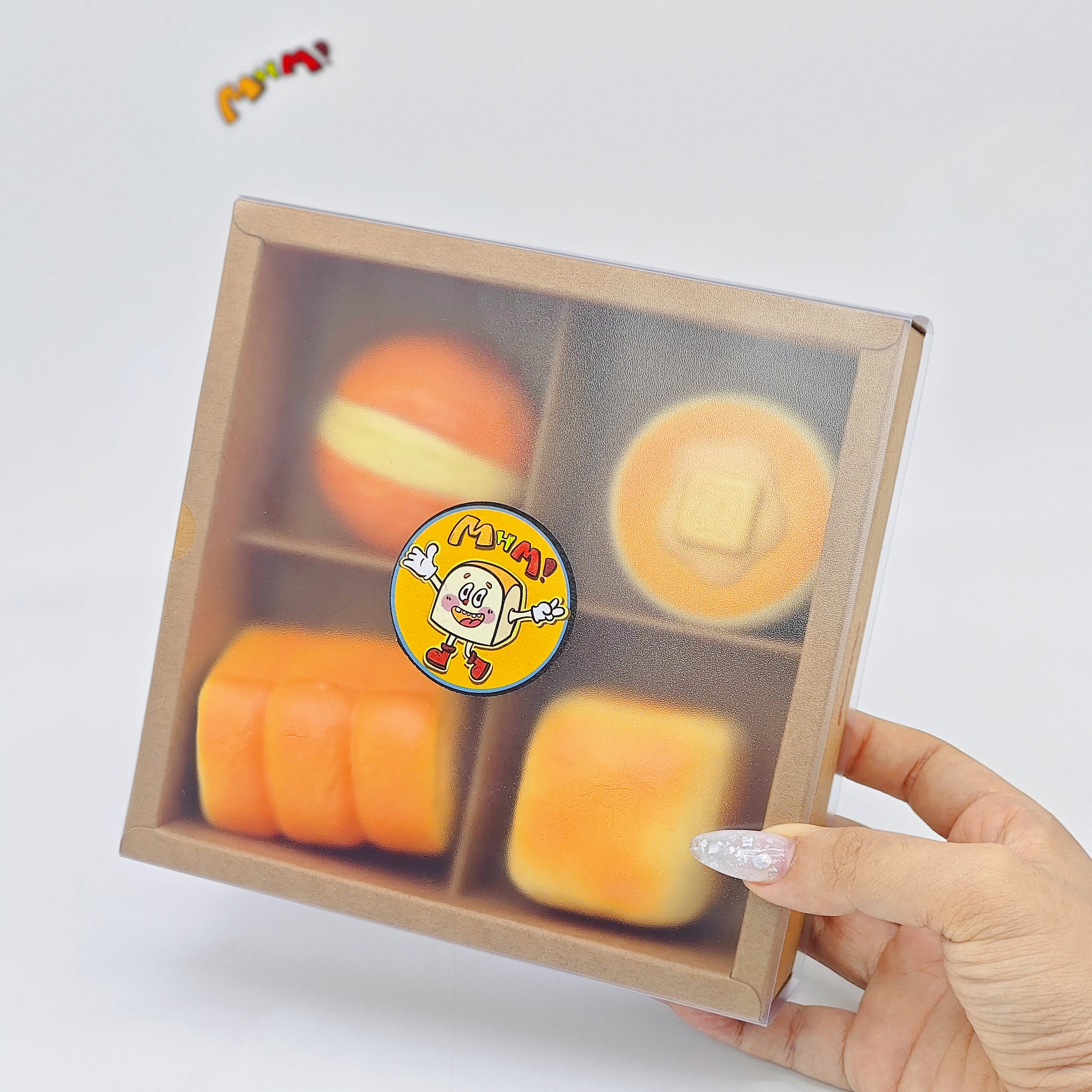 4-grid Mini Bread Squishy Set | Bakery Themed Slow Rising Stress  - slow rising squeeze toy side angle view